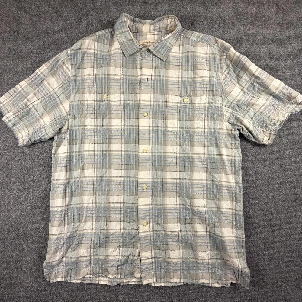 Tommy Bahama Mens Silk Cotton Plaid Short Sleeve Button Up Shirt Beige Large 987